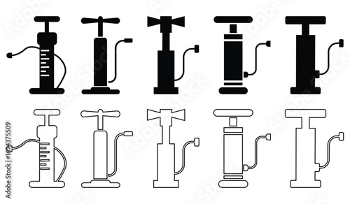 Bicycle tire pumps silhouette and line icon set.  Representing efficient inflation for sports. Air pump line art logo. Vector illustration.