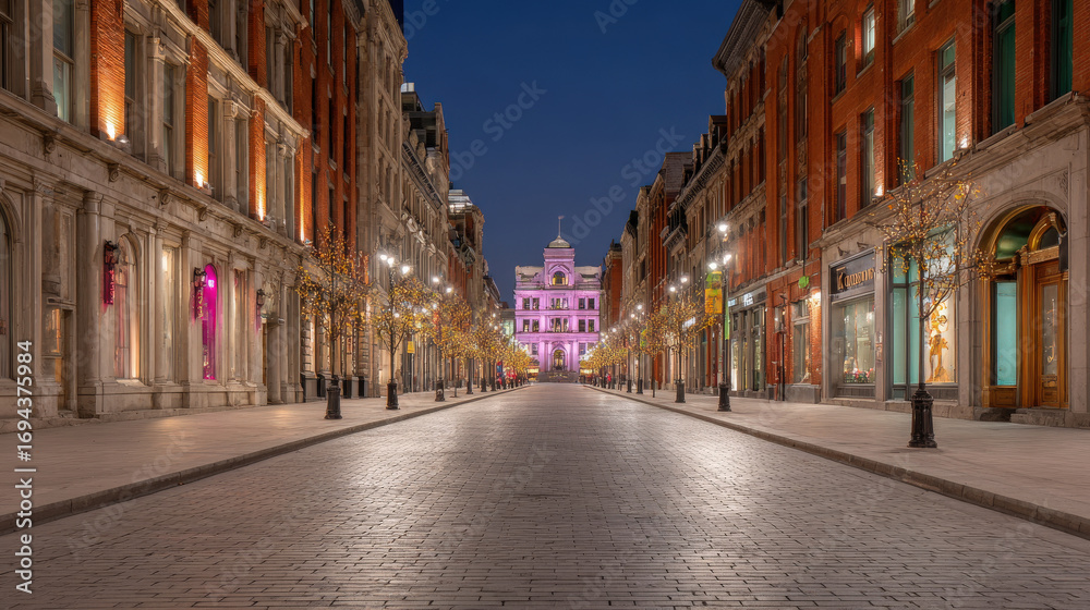 Fototapeta premium neon light accents illuminate historic architecture of city at night creating enchanting atmosphere