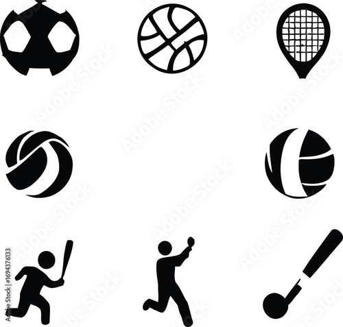 Sports equipment vector icons set soccer basketball tennis volleyball baseball pingpong and player silhouette