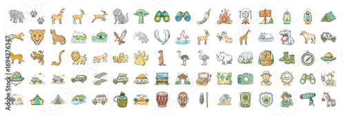 Safari Adventure Icon Pack - Collection of safari-themed icons including wild animals (lions, elephants, giraffes, zebras), binoculars, tents, trees, safari jeeps, drums, cameras, maps, and camp items