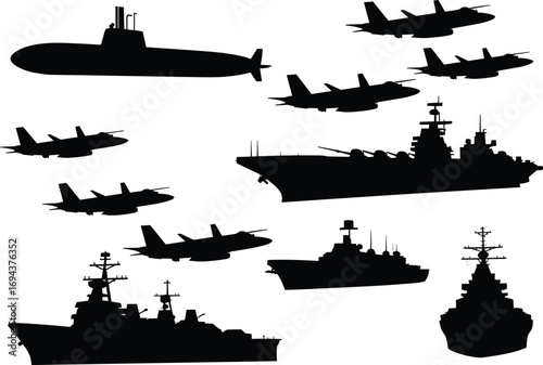 Military vehicle silhouettes, warship icons, fighter jets, submarine shape, aircraft carrier, naval power, aerial combat, black silhouettes, defense design, vector set
