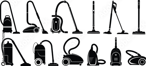 Vacuum cleaner silhouettes, upright vacuum, handheld model, canister design, stick vacuum, cleaning appliance, black vector, household tool, suction device, electric cleaner