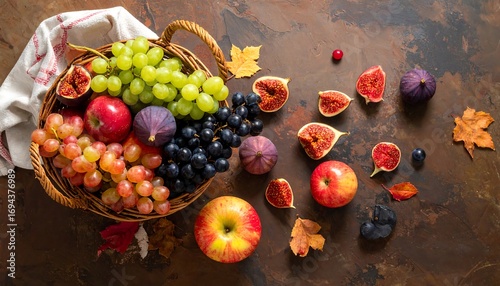 Abundant Basket of Fresh Fruits and Autumn Leaves