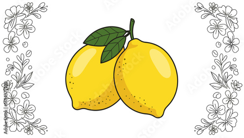 Vibrant Cartoon Lemons with Green Leaves & Decorative Floral Line Art Frame