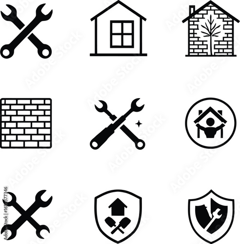 Home repair maintenance services icons set construction and renovation tools and building elements vector design