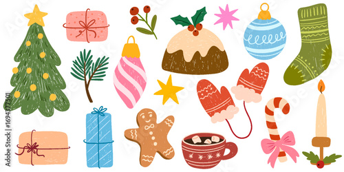 Cute Christmas set in crayon kids style. Hand drawn doodle children drawings. Chalk holiday elements, gift, trees, cake, bow, candle. Childish doodles for prints, greeting cards. Vector illustration