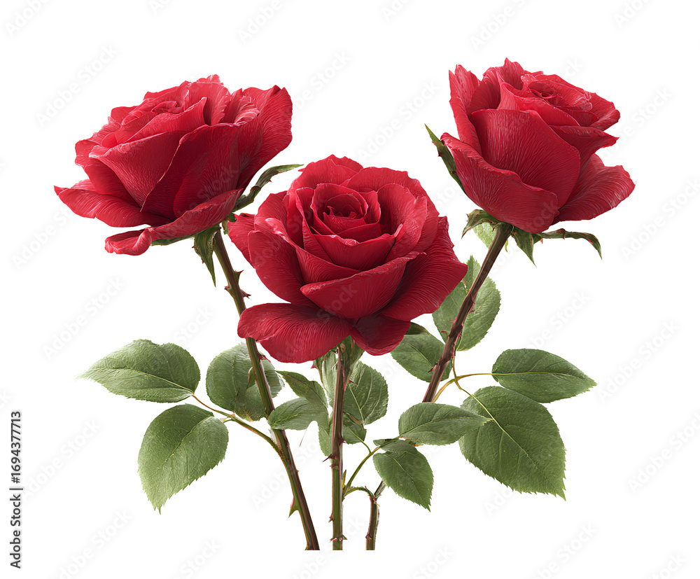 Fototapeta premium three red roses with green leaves on a transparent background, cutout png file.