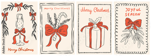 Hand drawn ink Christmas vintage posters. Minimalist la dolce vita winter line art. Retro vintage new year line art Xmas design with gift box, champagne and twigs. Vector illustration for invitations