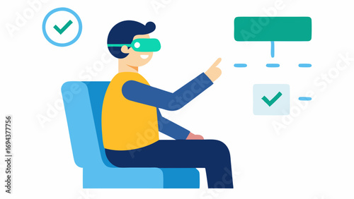Ergonomic Support A person adjusting their seat while wearing smart glasses with a visible ergonomic checklist appearing in the glasses display.