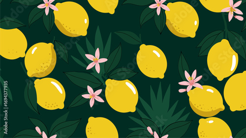 Lively Lemon & Pink Blossom Seamless Pattern on Dark Green Background