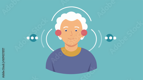 Elderly Person with Smart Hearing Aids An elderly individual wearing modern hearing aids with sound wave icons surrounding their ears representing communication assistance.