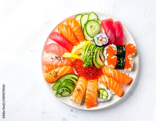 Colorful sushi platter arranged on a plate