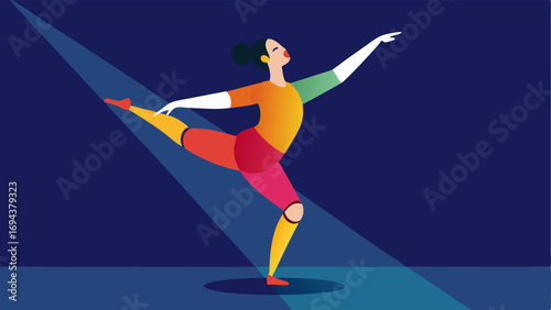 Dancing A dancer with a prosthetic leg performs a joyful dance routine on stage expressing creativity and grace. The spotlight emphasizes their colorful costume and lively