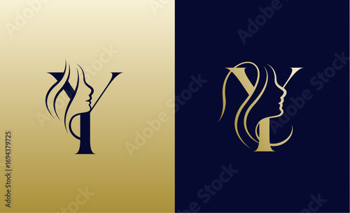 Logo Letter Y and Woman Face. Beauty, Feminine and luxury with Gold Colour. Creative Template Minimalist and Modern Concept.