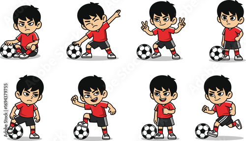 Cartoon boy in red shirt, soccer poses, expressive emotions, sports action, character design, football illustration, playful, energetic, animated style