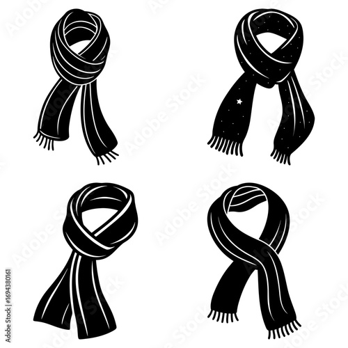 Four black and white scarves with different designs and knots are displayed against a white background