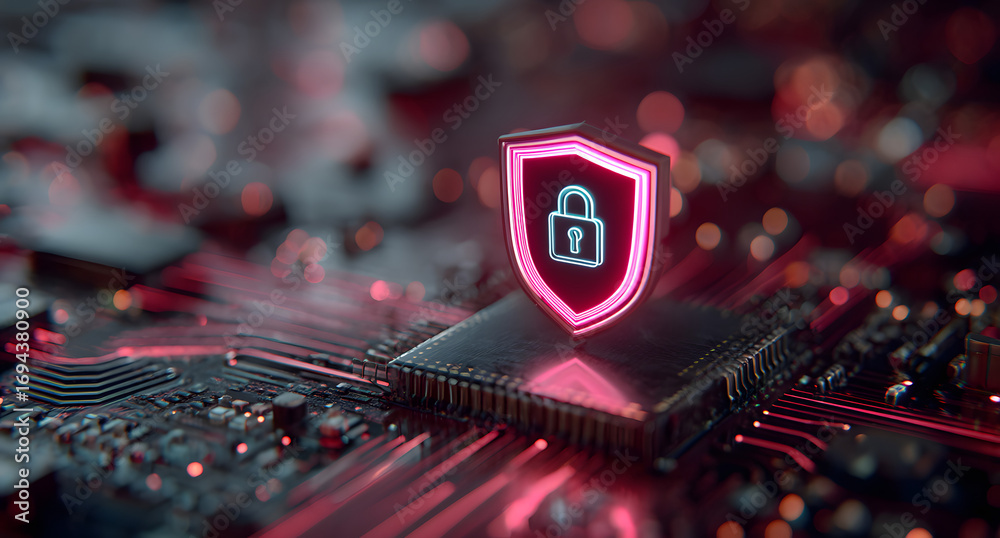 custom made wallpaper toronto digitalDigital firewall visualization: A brightly glowing sield, with a pink outline nd a blue padlock icon insde, acts as a central hub n a complex motherboard. Gowing red data lines flow owards it.