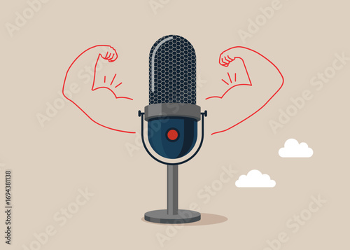Studio microphone doing strong gesture. High esteem. Modern vector illustration in flat style 
