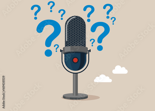 Studio microphone for streaming and gaming with question marks. Searching. Thinking of who what where when why and how. Asking questions for solution to solve problem, business analysis to new idea.