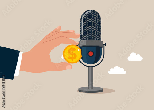 Bribe and corruption. Hand inserting a coin into the microphone. Debate before vote. Political parties conducting discussion on public debates. Politicians talk, meeting and discuss problems. Vector