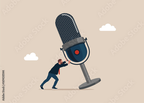 Nervous entrepreneur trying to stop Studio microphone for streaming and gaming before it fall. Modern vector illustration in flat style 