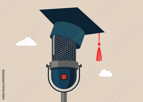Studio microphone for streaming and gaming in academic graduation mortarboard hat. Radio or tv program broadcasting. Flat vector illustration