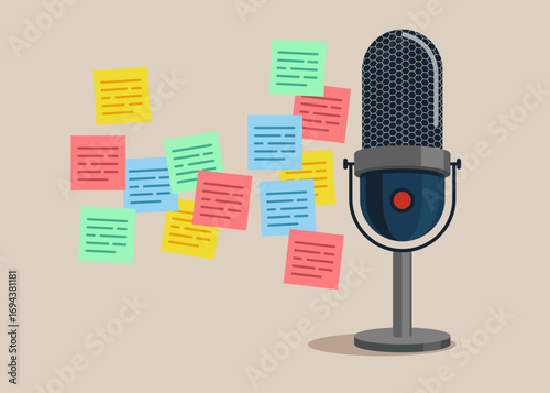 Studio microphone for streaming and gaming with notes. Tired of working too hard. overworked, overly busy work. Work stress. Ideation, brainstorming to gather new idea. Flat vector illustration.