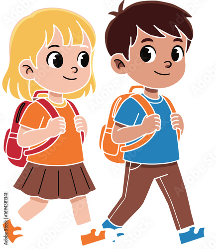 Cartoon children walking, school backpacks, smiling kids, friendly moment, outdoor stroll, happy students, colorful outfits, childhood friendship, education, illustration