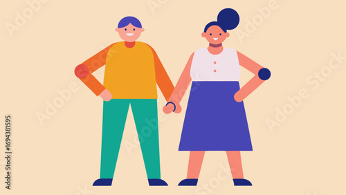Caring Connections A model with a cognitive disability being assisted by a friend both wearing matching outfits showing the bond and support in the inclusive fashion world.