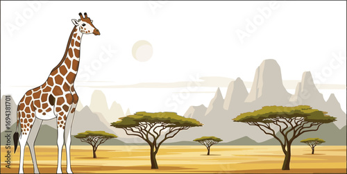 Create a African landscape, Savannah desert banner with giraffe vector art with white background.