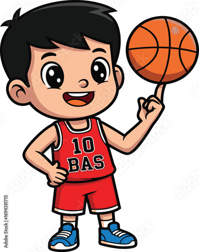 Smiling cartoon boy, basketball uniform, spinning ball trick, playful pose, athletic skill, sports illustration, red jersey, BAS number 10