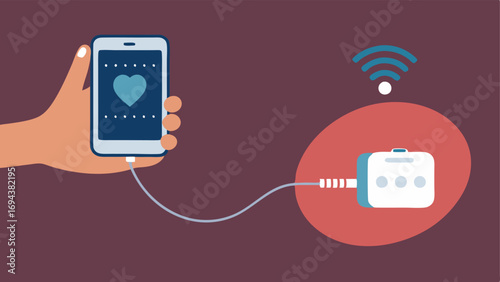 Device Connection An illustration showing a compact ultrasound device resting on a persons wrist with a dotted line indicating a connection to a smartphone displaying ultrasound