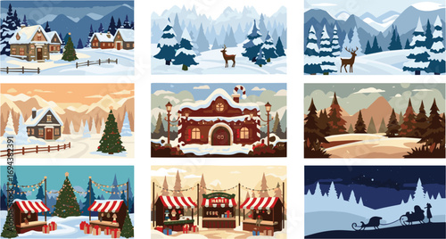 Create a kinds of deferent Christmas landscape vector art with white background.