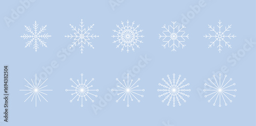 Snowflakes, a set of delicate winter icons, a sign of snow, frost, isolated on a blue background, vector illustration. Decorative festive element for decoration, design, postcard, banner