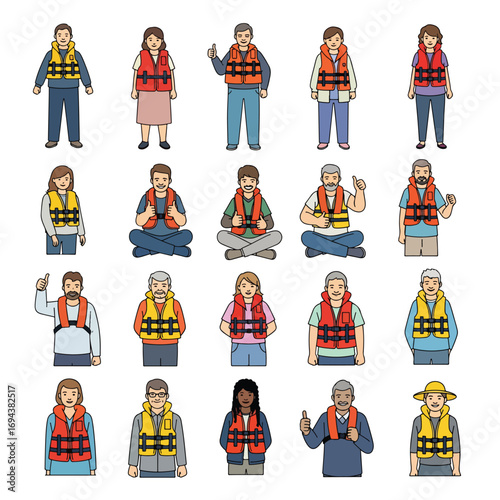 vector image set of people wearing life jackets