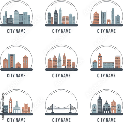 Create a kinds of deferent City icons set vector art with white background.