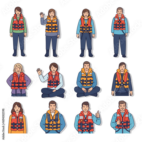 vector image set of people wearing life jackets