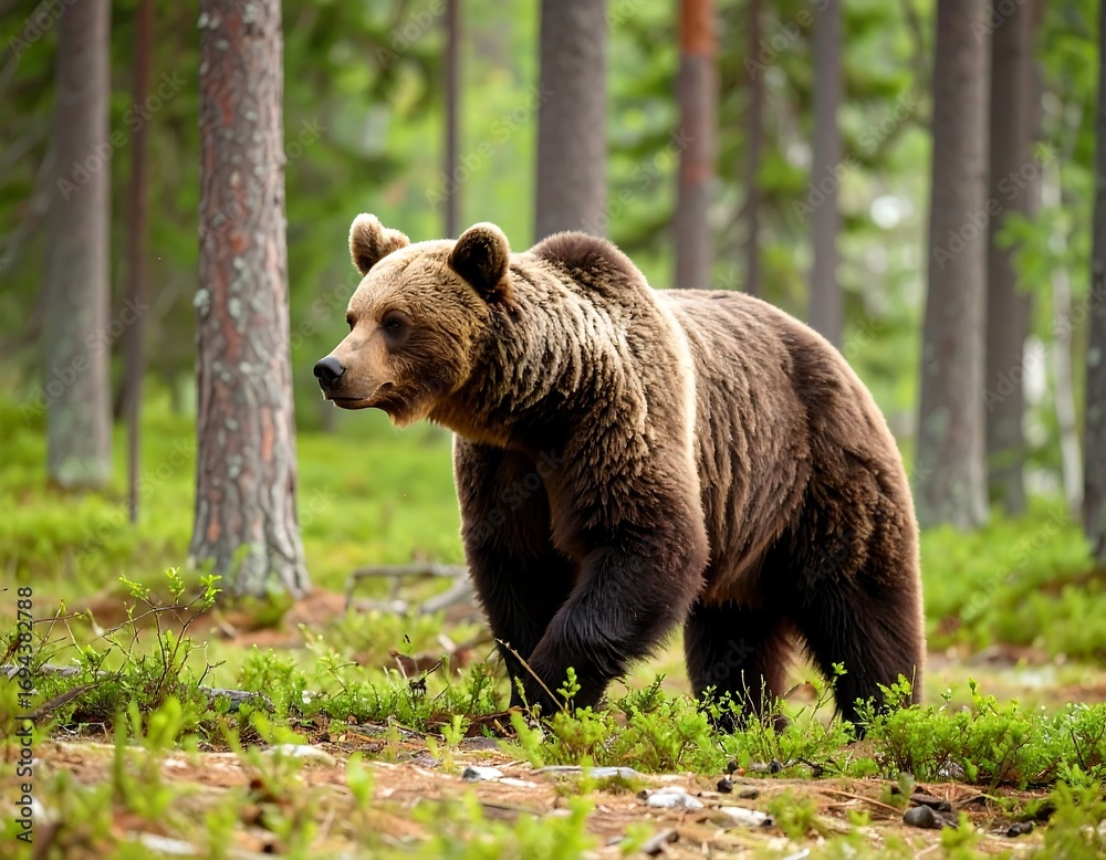 Obraz premium Brown bear in a pine forest