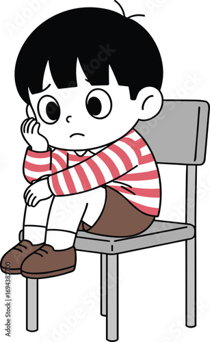 Sad child sitting on chair, emotional cartoon illustration, loneliness, introspective mood, striped shirt, brown shorts, isolated, thoughtful, melancholy, quiet moment, childhood 