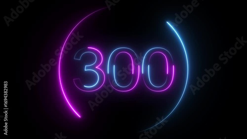 A dynamic circular animation, and glowing neon number 300 animation . on a black background. and creating a stunning video.4k video