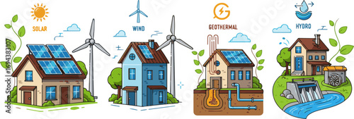 Create a kinds of deferent Energy class house, renewable energy efficiency, green house vector art with white background.