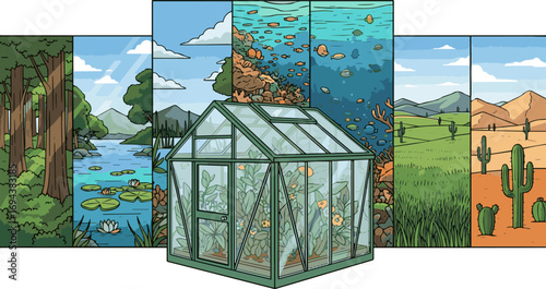 Create a kinds of deferent Ecology background, green house banner vector art with white background..