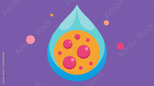 Exosome Particles A closeup view of exosome particles floating in a droplet of serum depicted with a vibrant color palette emphasizing their importance in skin rejuvenation.