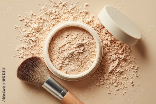 Face powder in container, scattered powder, makeup brush