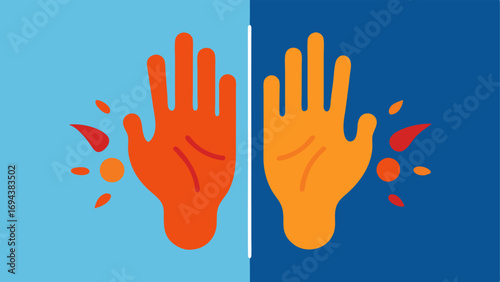CloseUp of Hands and Feet A split illustration showcasing a closeup of hands and feet with thermal heat signatures detailing the differences in temperature in those extremities.