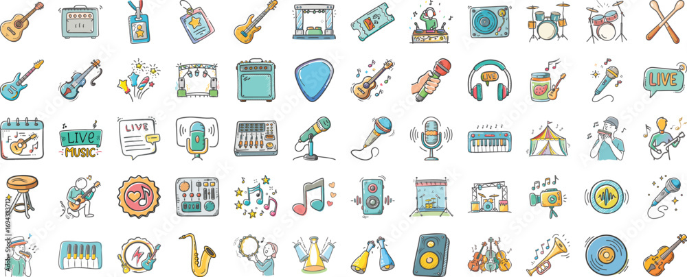 Fototapeta premium Live Music icons - Collection of 80 colorful live music icons including guitars, drums, microphones, amps, headphones, keyboards, notes, speakers, and performance symbols. Great for music events