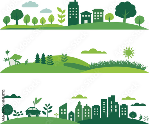 Create a kinds of deferent Green city concept, sustainable city vector art with white background.