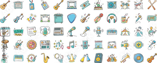 Live Music icons - Collection of 80 colorful live music icons including guitars, drums, microphones, amps, headphones, keyboards, notes, speakers, and performance symbols. Great for music events