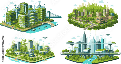Create a kinds of deferent Green city concept, sustainable city vector art with white background.