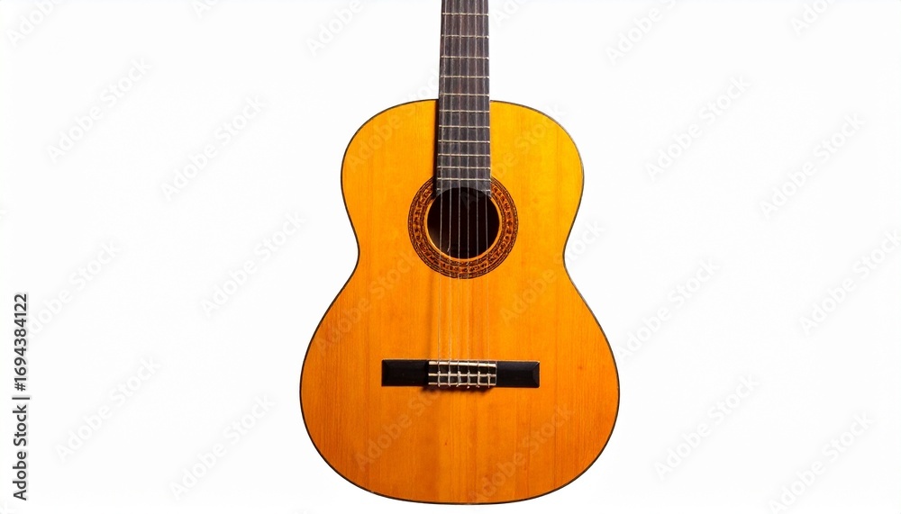 Obraz premium classical acoustic guitar with natural wood finish on neutral background